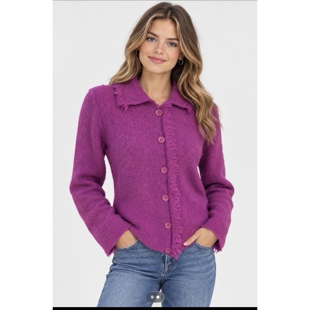 Vtg 90s Karen Scott Boiled Wool Cardigan Sweater~S~ Purple Fringed Preppy Luxury